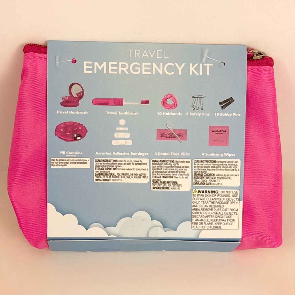 Womens Travel Emergency Kit New Toothbrush Hairbrush Floss Bandages  More